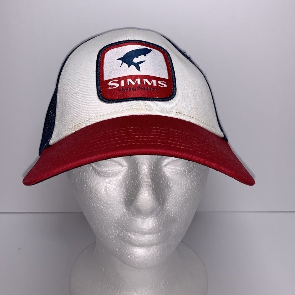 Simms Fishing Products Mesh Snapback Cap Hat Red White Blue Adjustable Trucker